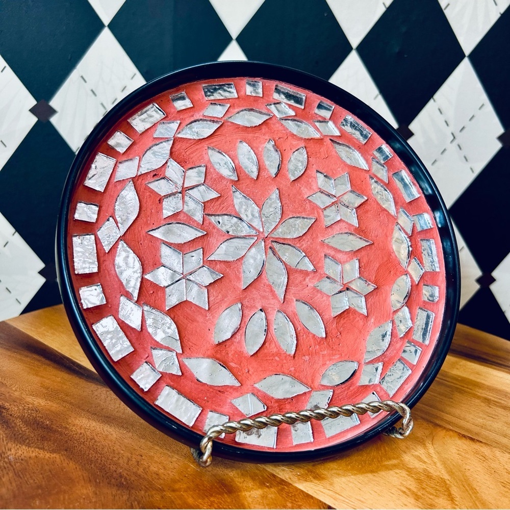 Vintage Portuguese Mosaic Floral Plate – Red & Silver Inlay Art 8”‎